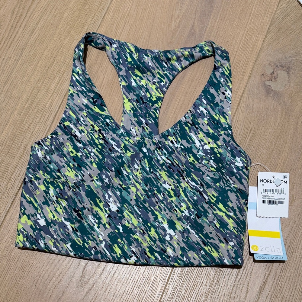 Zella Green and Gray Patterned Sports Bra